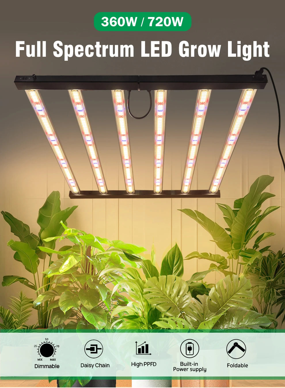 360W 720 Upgraded Full Spectrum Grow Light Aluminum Frame Foldable Waterproof SMD LM281B Garden Greenhouse Tent Grow Light