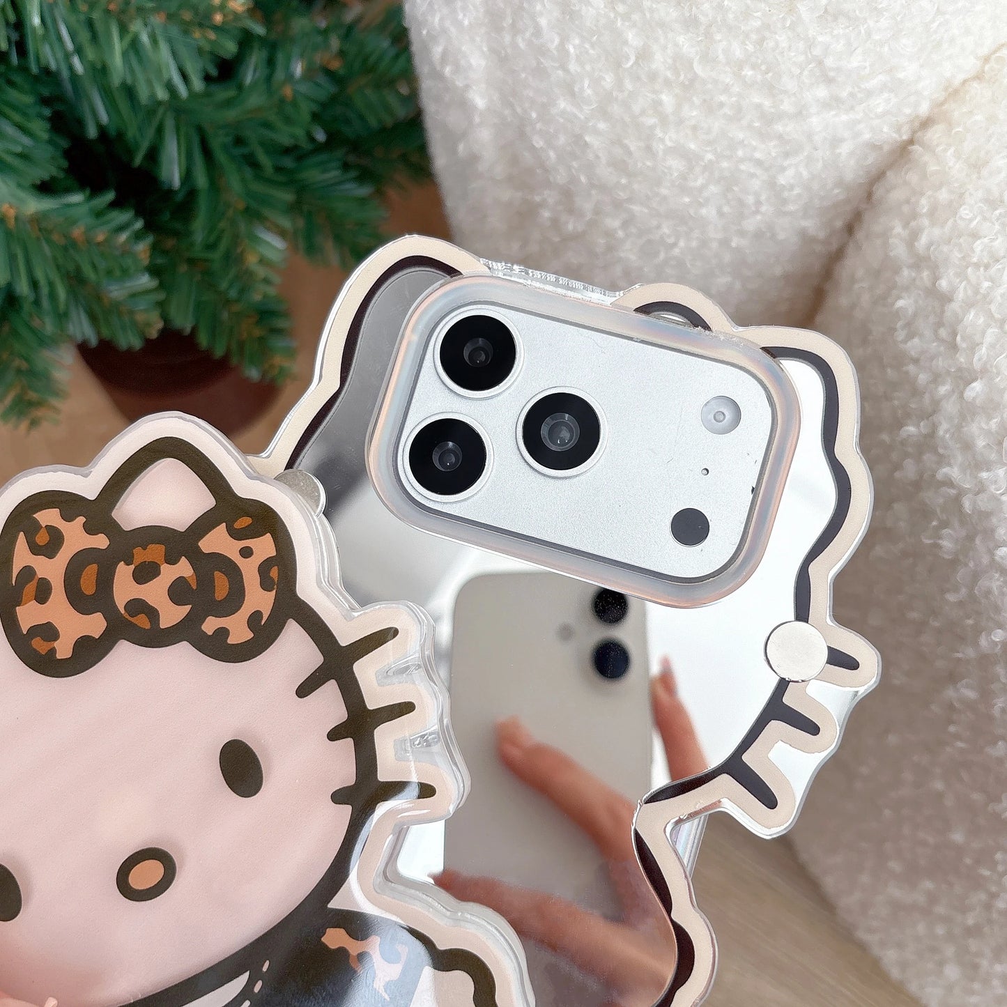 Sanrio Cartoon Glowing Hello Kitty Girlish Mirror Phone Case For IPhone 17 Pro Max 16 15 14 Promax Leopard Print Anti-drop Cover