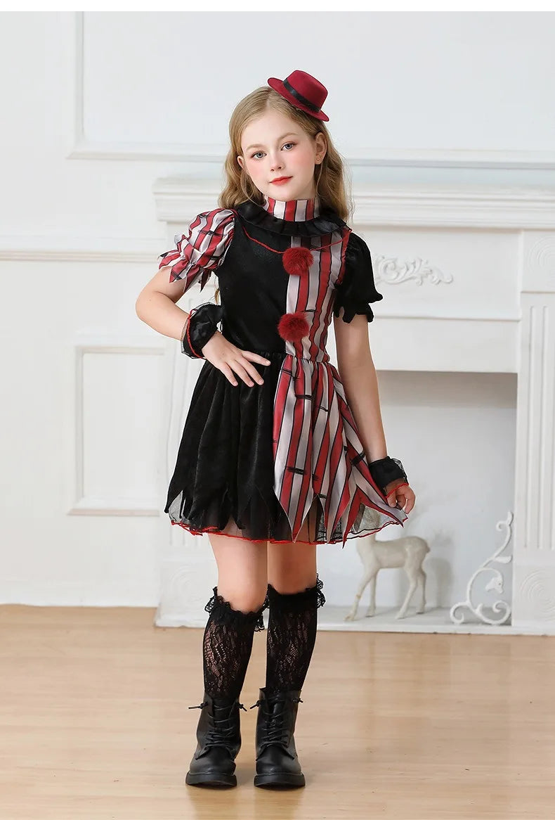 Halloween Cosplay Costumes Horror Clown Dresses Pants Headwear Clothes Sets Carnival Theme Party Role Playing Outfits for Girls