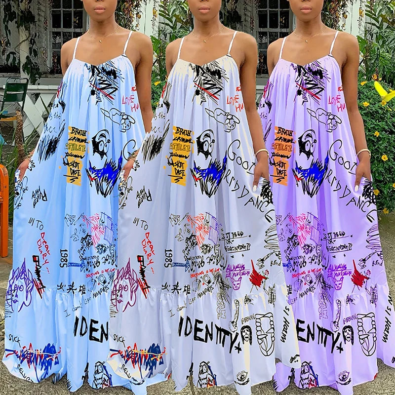 Sexy Summer Dress Women Print Spaghetti Strap Sleeveless Maxi Dress Fashion Pocket Loose Slip Dress Sukienki Letnie