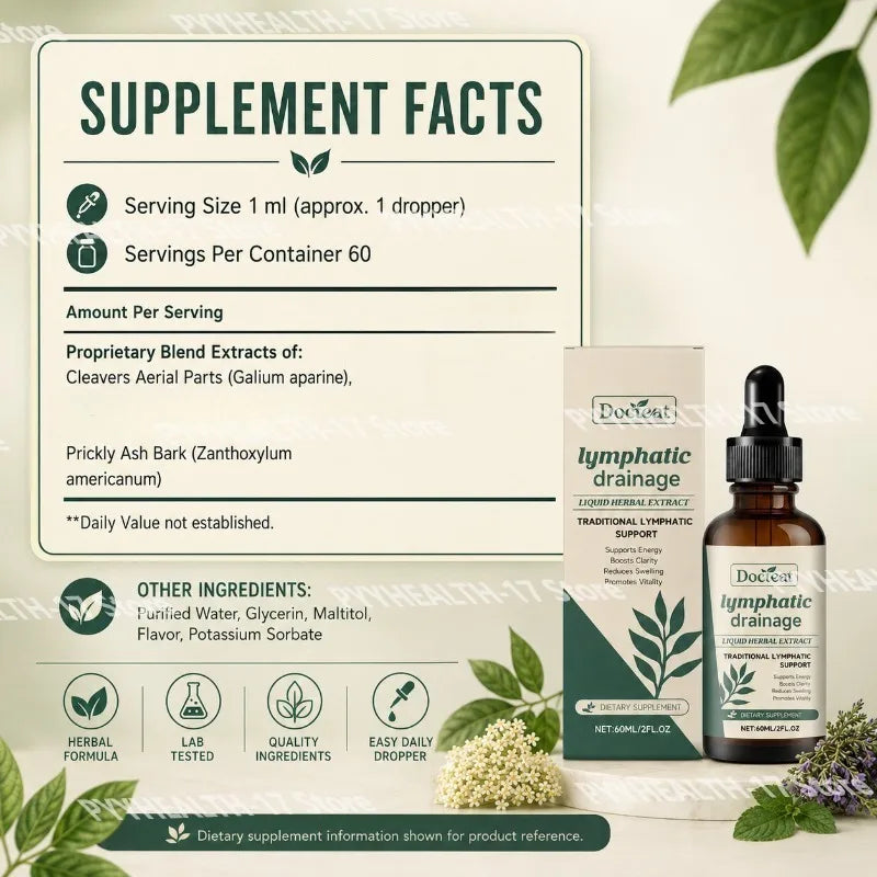 Docteat Lymphatic Drainage Herbal Drops Cleavers Prickly Ash Daily Lymphatic Support for Men Women 60ml 60 Servings