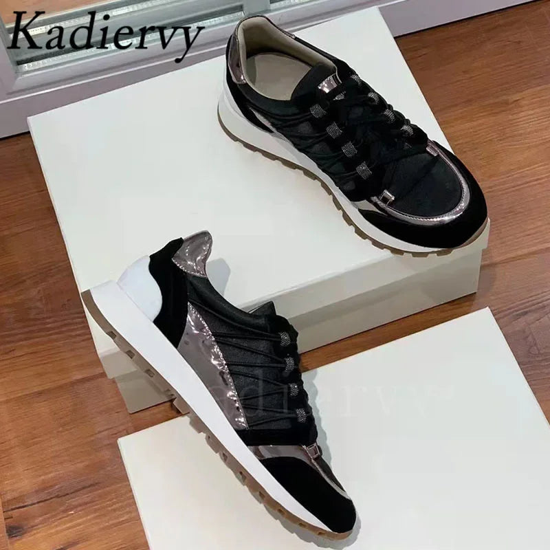 New Casual Shoes Women Suede Patchwork Round Toe Lace Up Genuine Leather Comfy Outdoor Walking Shoes Woman Sneakers Female