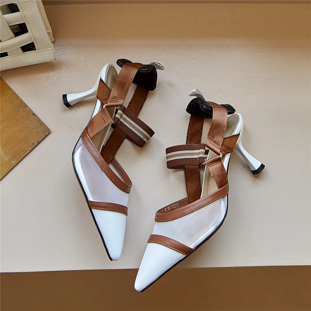 Aucegi Pointy Toe Thin High Heel Slingback Sandals Women Brand Design Elegant Genuine Leather Splicing Mesh Party Dress Shoes