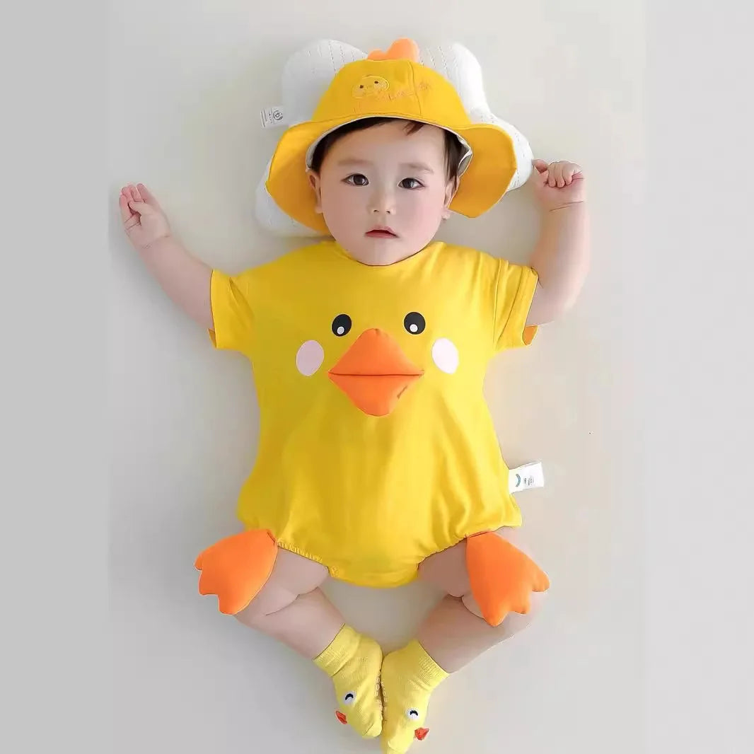 Infant Baby Clothes Adorable 3D Duck Girl Boy Romper Summer Lightweight 100% Cotton Jumpsuit w/ Hat & Socks Role Play Costume