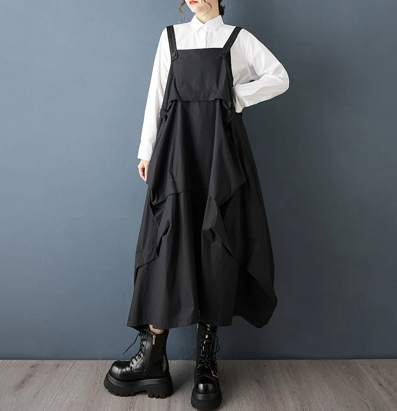 2025 Spring Autumn New Black Vintage Straps Dresses For Women Sleeveless Pleated Loose Casual Dress Robe Elegant Fashion Clothes