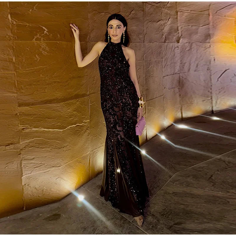Elegant Sequin Maxi Evening Dress Halter Neck Open Back Women's Formal Party Prom Gown Sparkling Festival Female Long Dresses