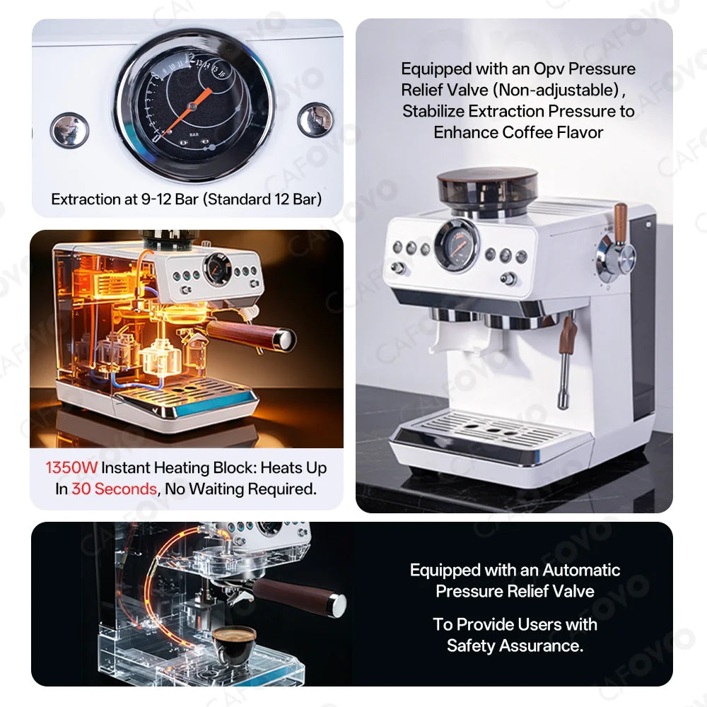CAFOVO E161G 3-in-1 Semi-automatic Coffee Machine with Burr Grinder Frothing Milk for Home Barista Espresso & Cold Brew 220V