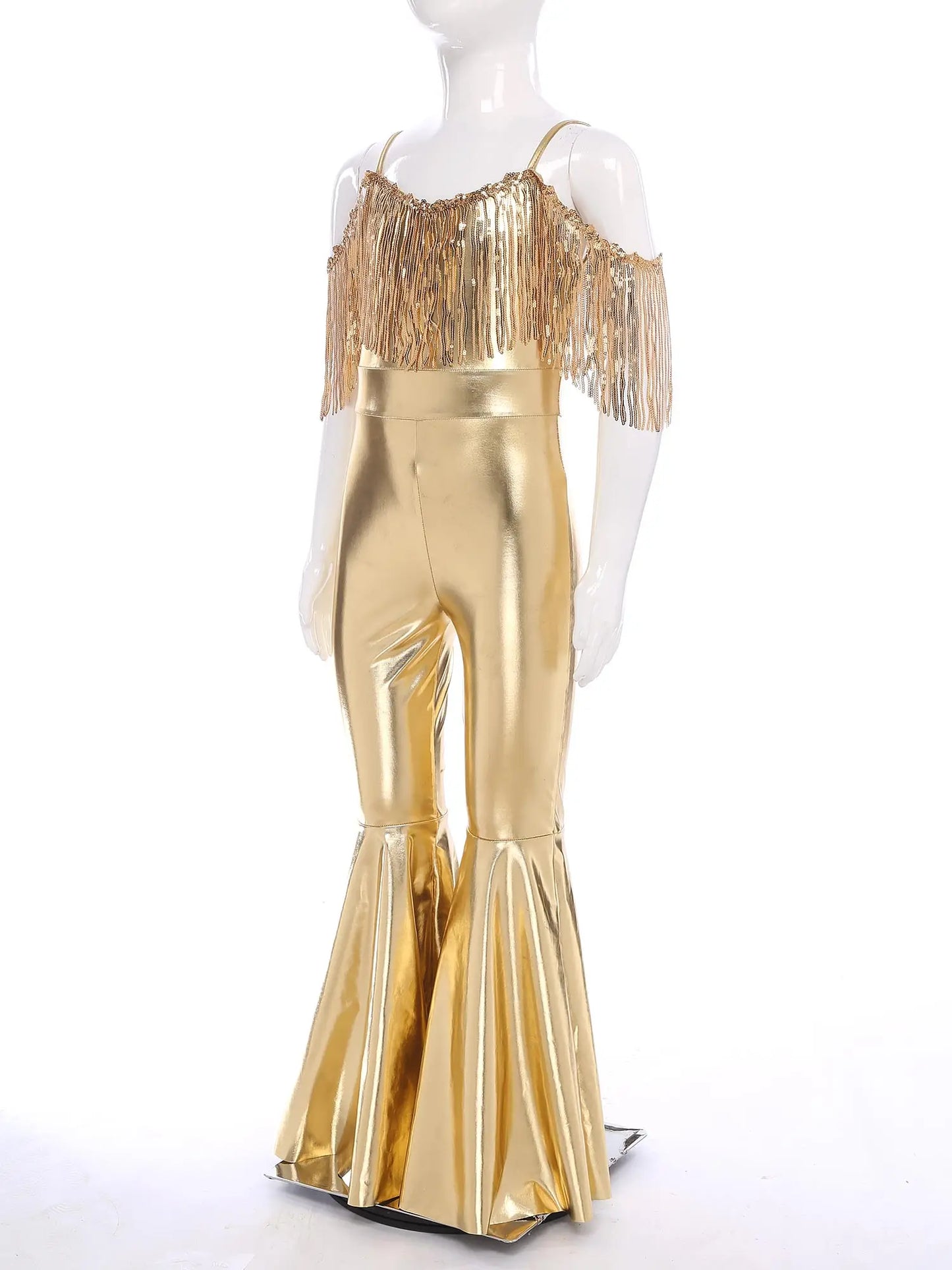 Halloween Kids Girls Hippie Costume Tassels Unitard Bell-bottom Long Pants Bodysuit Jumpsuit for Disco Dance 60s 70s Rave Party