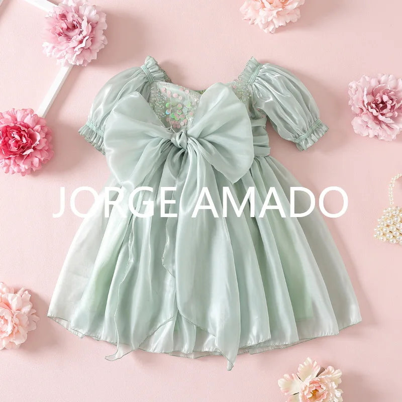 New Summer Sister Girl Matching Romper Dress Short Sling Sleeves Big Bow Bodysuit Sequined Princess Dresses Twins Clothing H1518