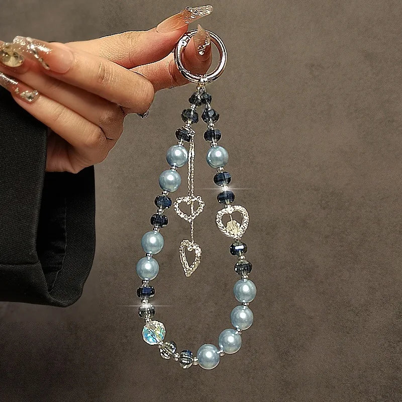 Fashionable Light Luxury Beaded Crystal Mobile Phone Chain Pendant Rhinestone Love Pendant Pearl Mobile Phone Lanyard Wrist Hand