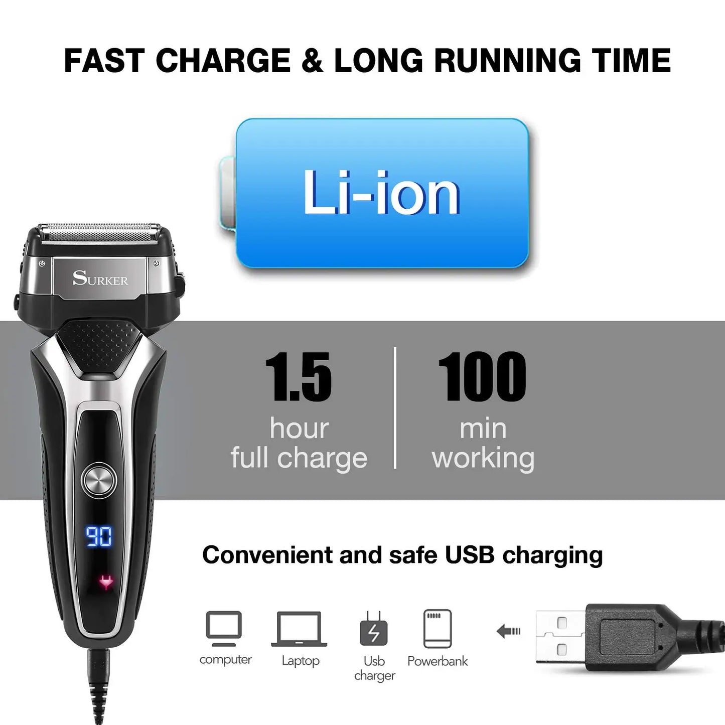 Turbo two speed wet dry rechargeable electric shaver foil set male USB face beard electric razor for men body shaving machine