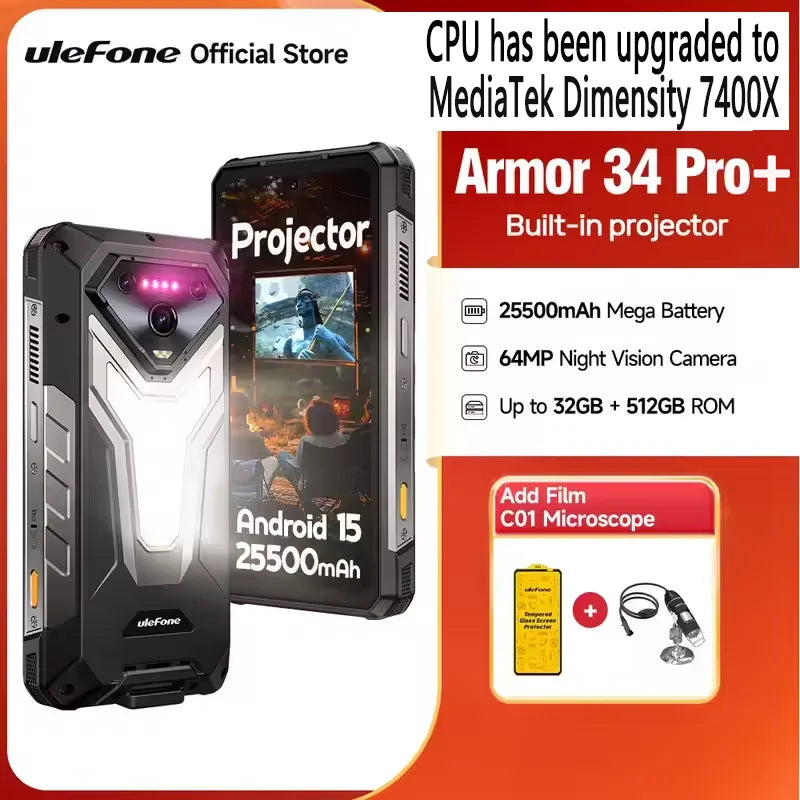 Ulefone Armor 34 Pro+5G AI Rugged Phone 32GB+512GB 25500mAh 6.95" Built-in Projector 120Hz Android 15 MTK 7300 NFC Smartphone