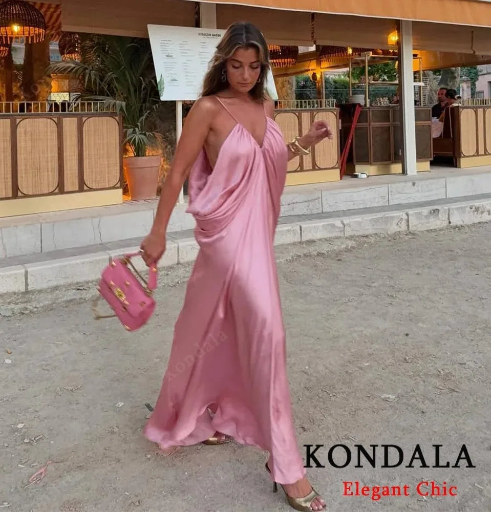 KONDALA Elegant Pleated Satin Dress Women Side Fold Pleated Suspender Long Dress 2025 Summer High Street Dating Lady Dress