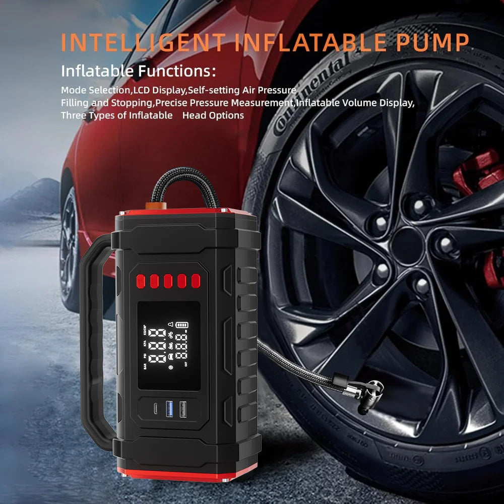 4‑IN‑1 Portable Car Jump Starter with Air Compressor, Tire Inflator, Power Bank with Fast Charging & LED Light for 12V Emergency