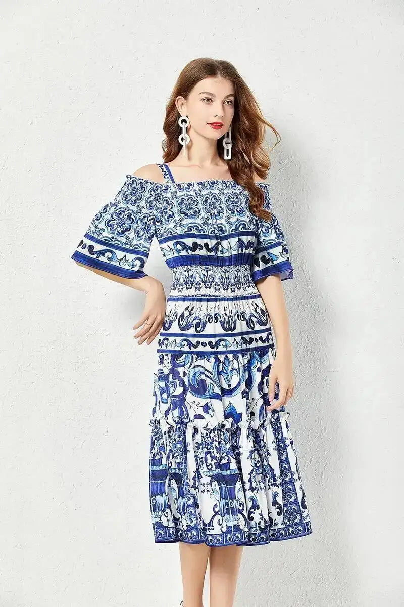 JAMERARY Summer Runway Blue White Porcelain Print Midi Dress Women's Straps Flare Sleeve Elastic Waist Cotton Floral Vestidos