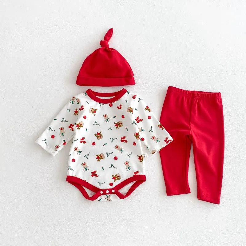 New Spring Autumn Baby Christmas Pajamas Set Long Sleeve Santa Print Bodysuit with Pants and Hat Infant Festive Sleepwear B6076