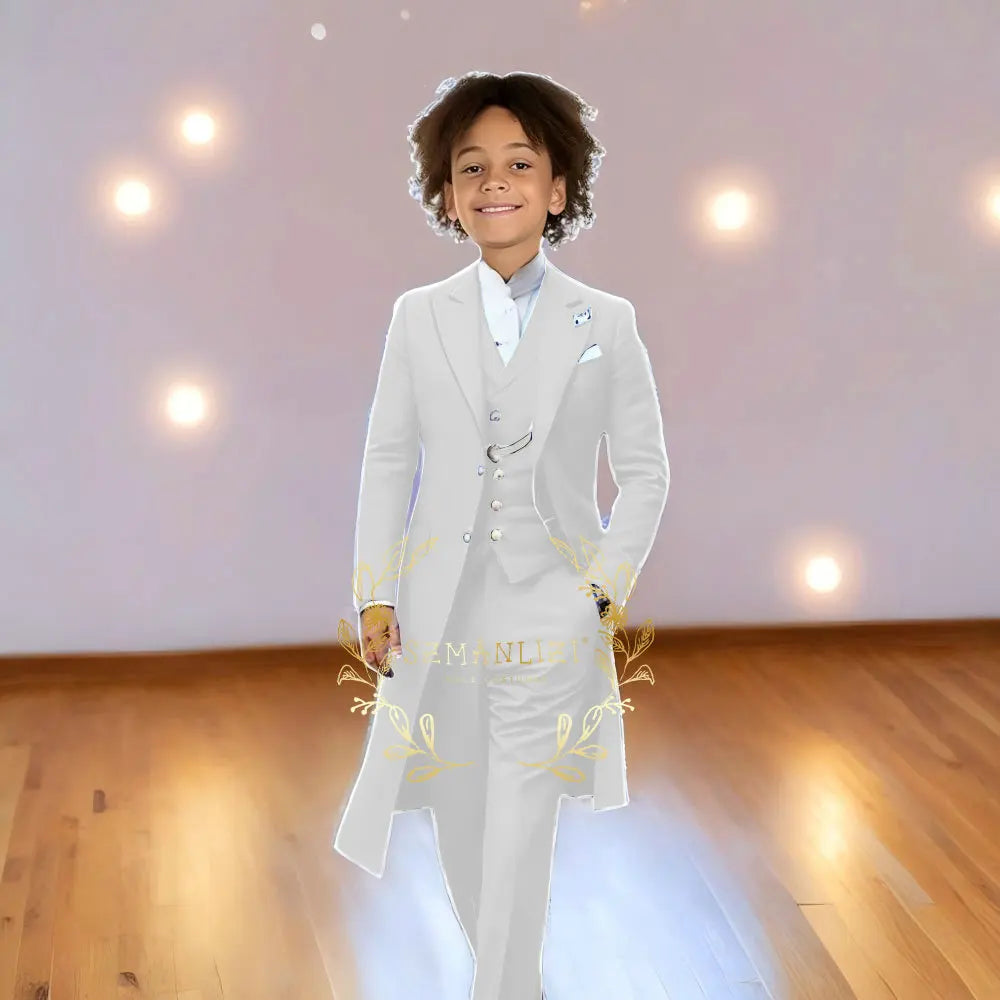 Children Formal Tuxedos Boys Suit Light Grey Long Jacket Vest Pants Sets for Piano Performance Birthday Party Costume Tailored