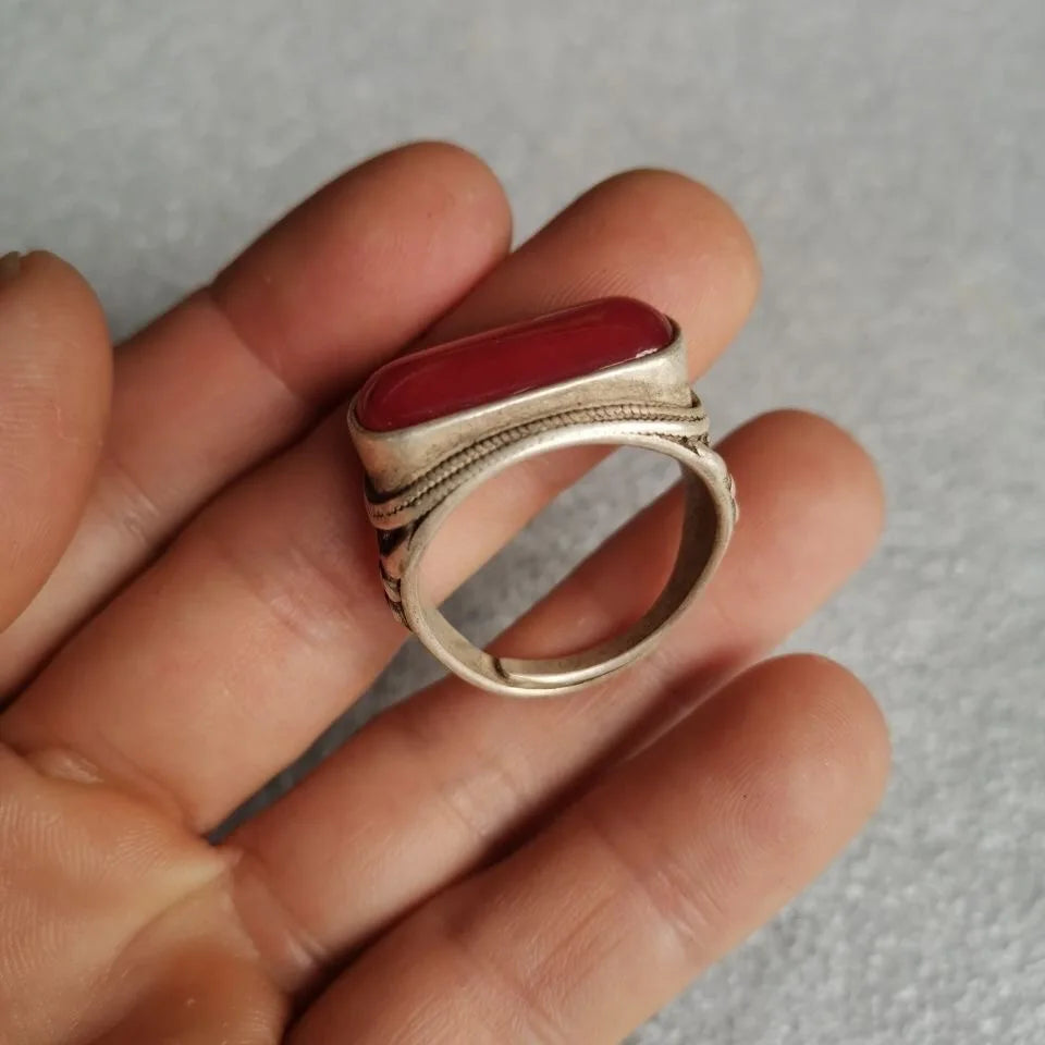 Vintage Green Jade Ring, Tibetan Silver Inlaid, Adjustable Stretch Band for Men & Women