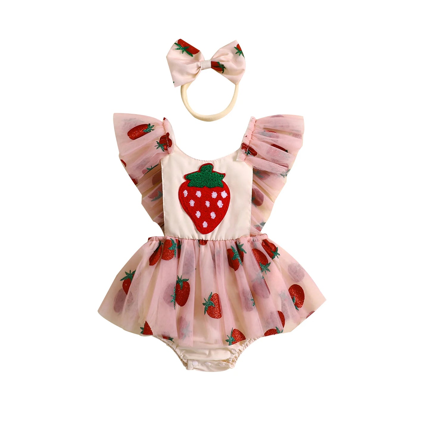 Baby Girl Summer Outfit, Strawberry Embroidery Fly Sleeve Romper Dress Bow Headband Toddler 2 Piece Set