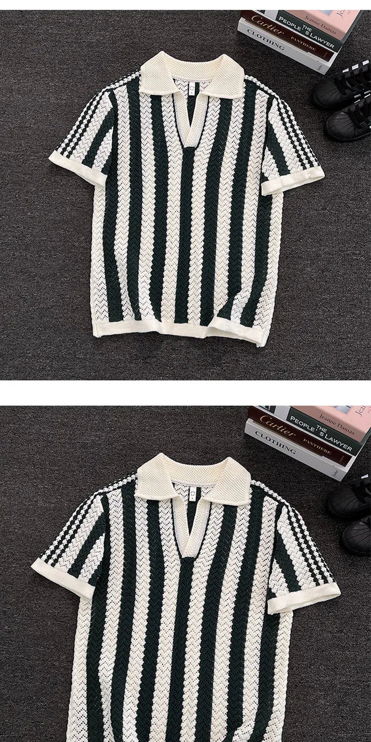 Men's Short Sleeve  Shirt Knitted Hollow out V-Neck Summer Breathable Stripe Pattern Versatile Casual T-Shirt