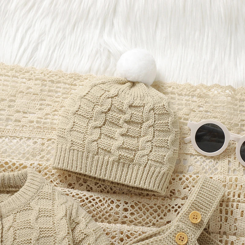 Newborn Baby Clothes Set Knitted Toddler Sweater +Jumpsuit Hat Sleeveless 3pcs Attire Infant Boys Girls Cardigan+Romper Cap 0-9M