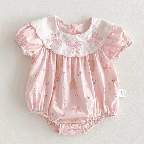 2025 New Summer Korean Style Climbing Suit Flying Sleeve Cotton Lace Splicing Toddler Baby Girls Jumpsuit 0-24M Baby Clothing