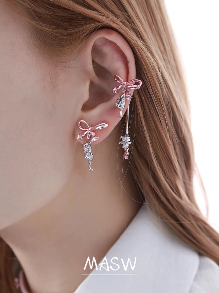 MASW Original Design Luxury Temperament Pink Bowknot Cats Earrings For Women 2025 Trend New Fashion Jewelry Accessories