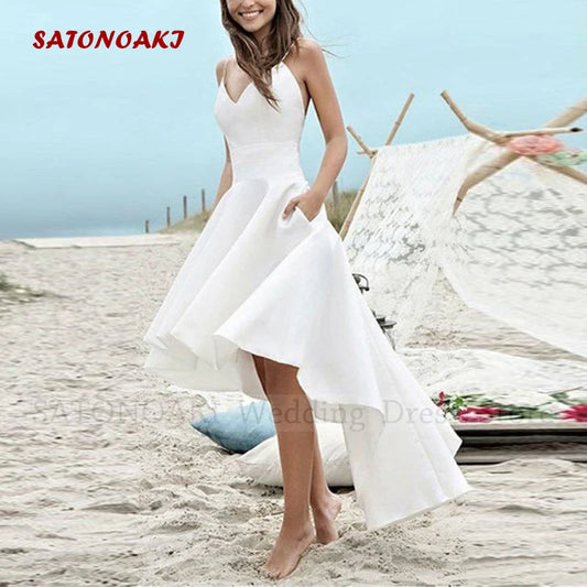 Customized Elegant Spaghetti Strap Beach Hi-Low Satin Short Wedding Dress for Women A-Line Backless Bride Gown Vestidos De Novia
