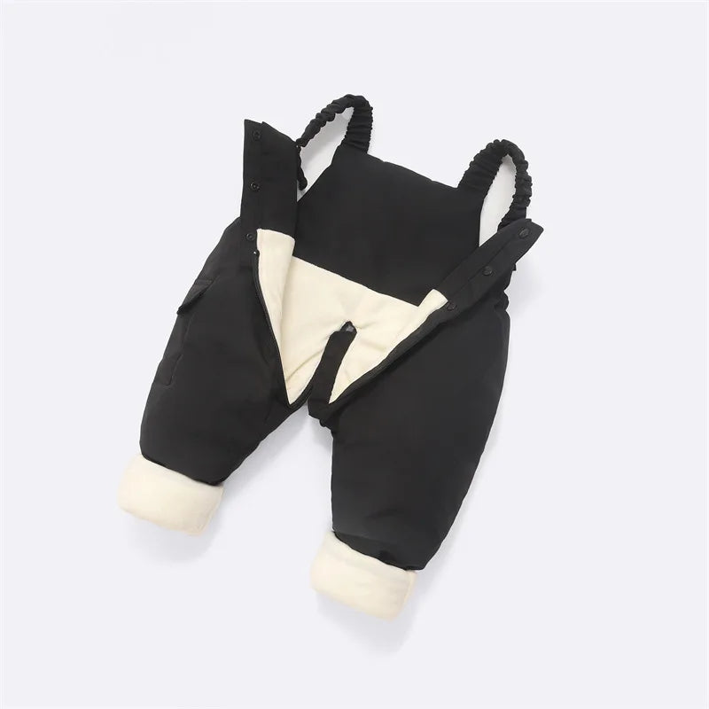 2025 Autumn Winter Baby Boys Overalls Solid Color Lining Plush Keep Warm Jumpsuit For 1-4Y Toddlers Kids Down Cotton Trousers