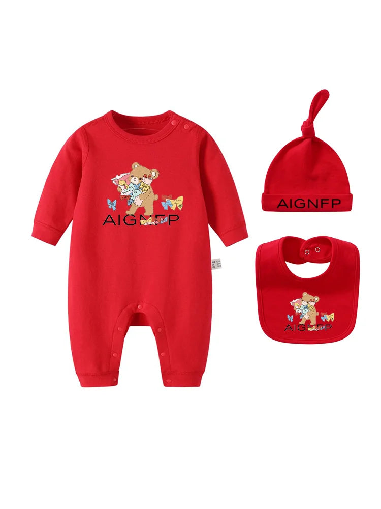 Cute Bow Bear Romper Newborns Clothes Autumn 2025 Hot Sale New Toddler Jumpsuit Hat Bib scarf Set Baby Girls Long sleeves Romper