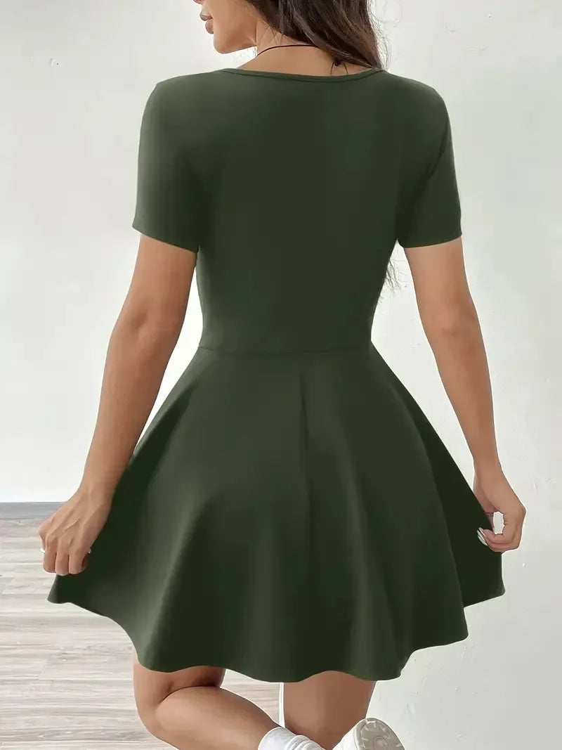 Summer 2025 Brown Knitted Short Casual Dress Mini Skirt Length Polyester Fiber Square Collar Empire Waistline Regular Sleeve
