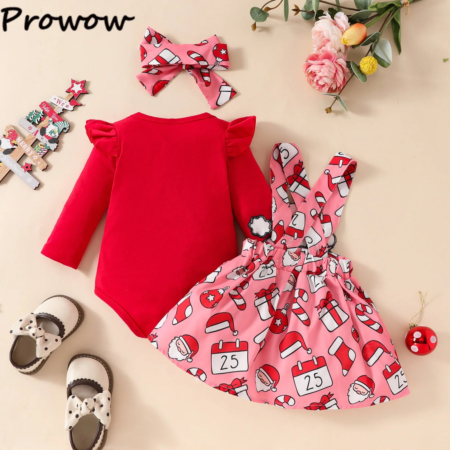 Prowow Baby Girls Christmas Outfits Set Red Bodysuit+Plaid Deer Suspender Dress Set 3pcs My First New Year Costume For Baby 2026