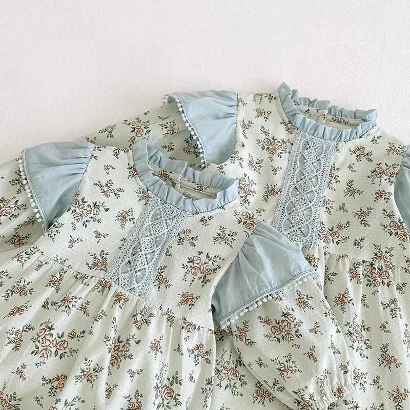 0-3Y Baby Autumn Clothes Retro Lace Infant Bow Ruffle Collar Long Sleeves Bodysuit Kids Girls Floral Print Casual Cotton Onesie