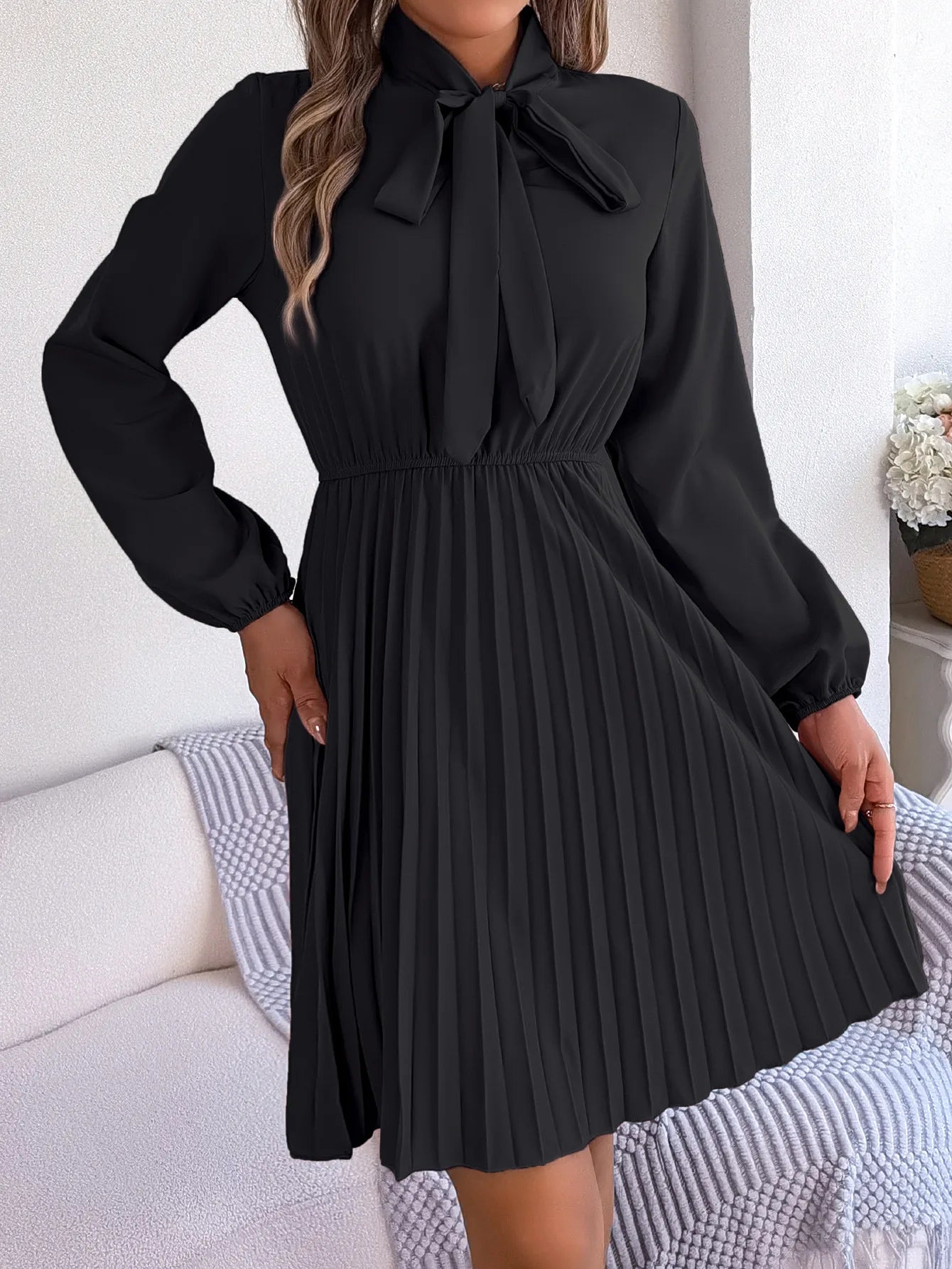 Women Fall Vacation Elegance V Neck Solid Tie Waist Ruffle Hem Pleated Midi Dress Long Sleeve Wedding Dress