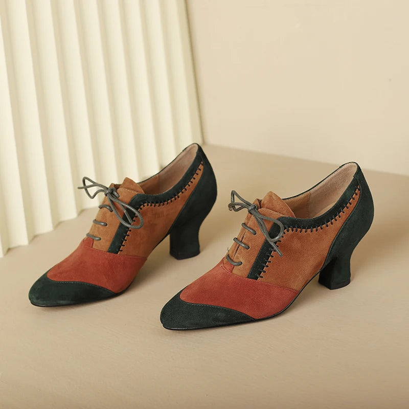 2025 New Spring Autumn Retro Mature Women Pumps Office Ladies High-heeled Lace-Up Genuine Leather Suede Shoes Woman High Quality
