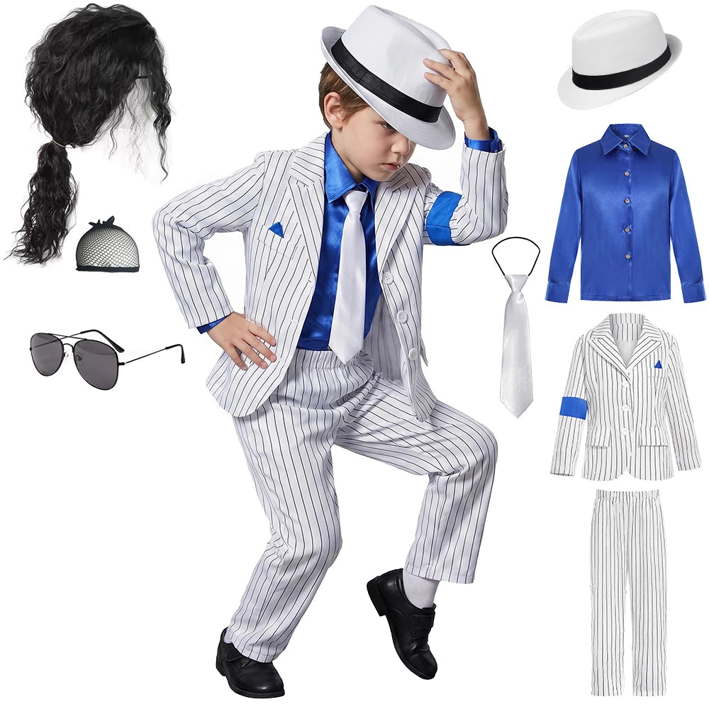 Halloween Carnival Boys Jackson Costume Dancer Singer Moonwalk Stage Outfits 80s Pop Rock Superstar Dress Up White Striped Suit