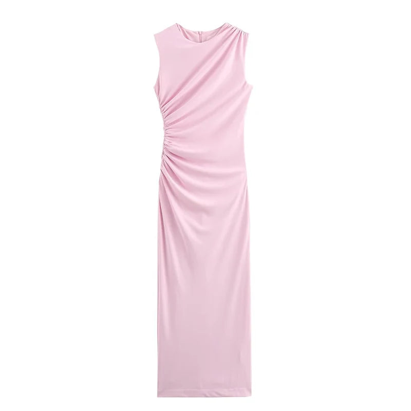 Autumn O-Neck Sleeveless Mesh Pleated Midi Dress Women Back Zipper Decoration Slim Vest Dress Female Sexy Elegant Wear 2025 New