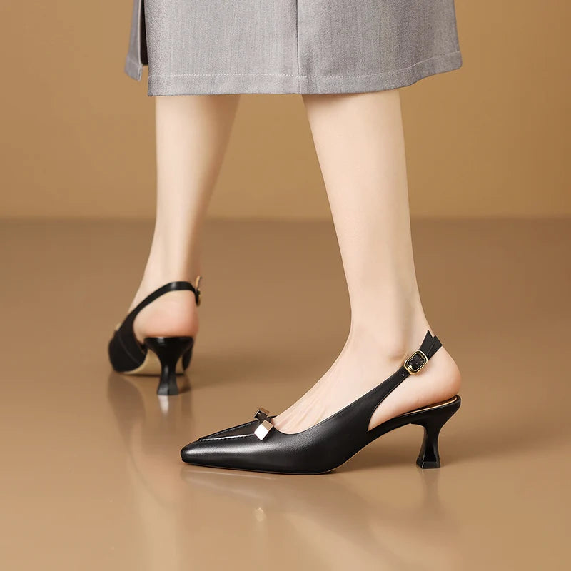 【JOCHEBED HU】Summer Brand Genuine Leather Mid Heels Women Sandals Fashion Slingback Pumps Office Lady Shoes 33-43