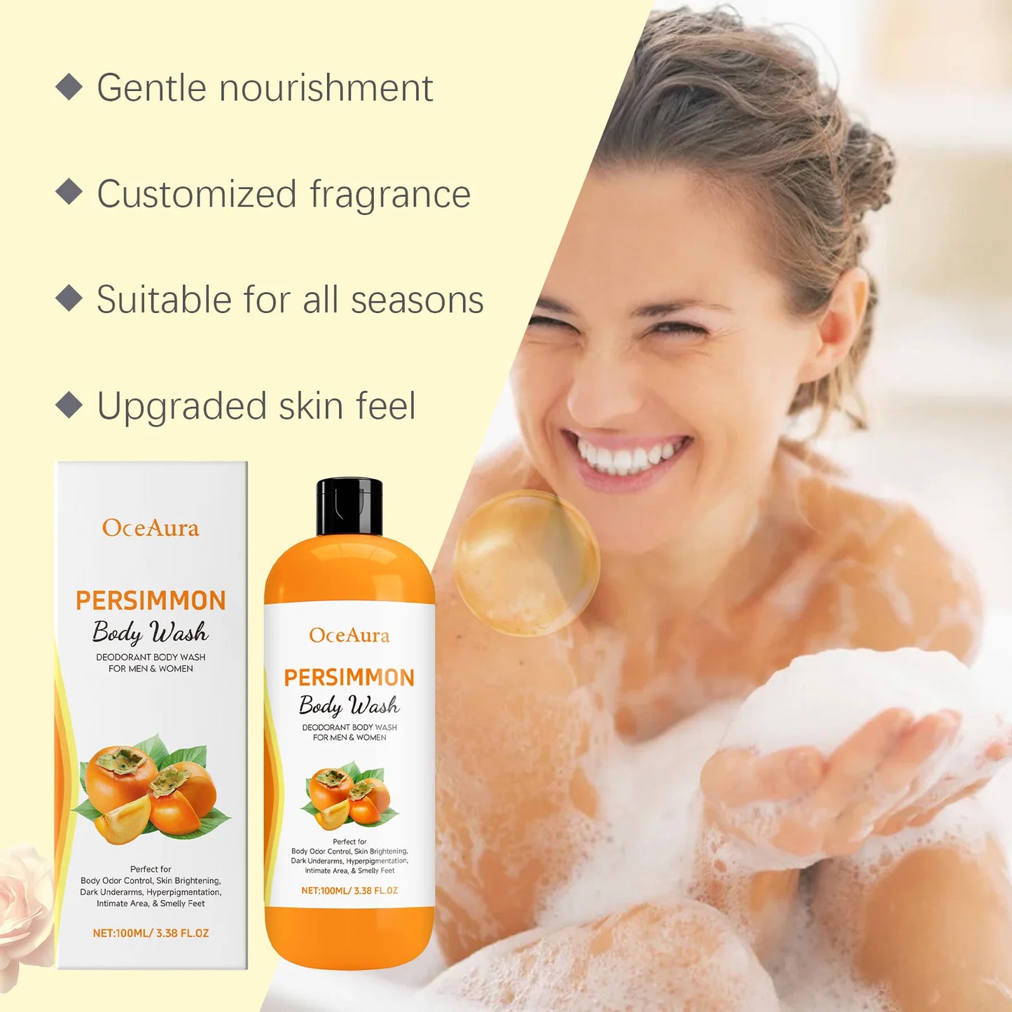 100ml Persimmon Body Wash Odor Eliminating Exfoliating Shower Gel Oil Control Smoothing Remove Dirt Sweat Lasting Body Cleanser