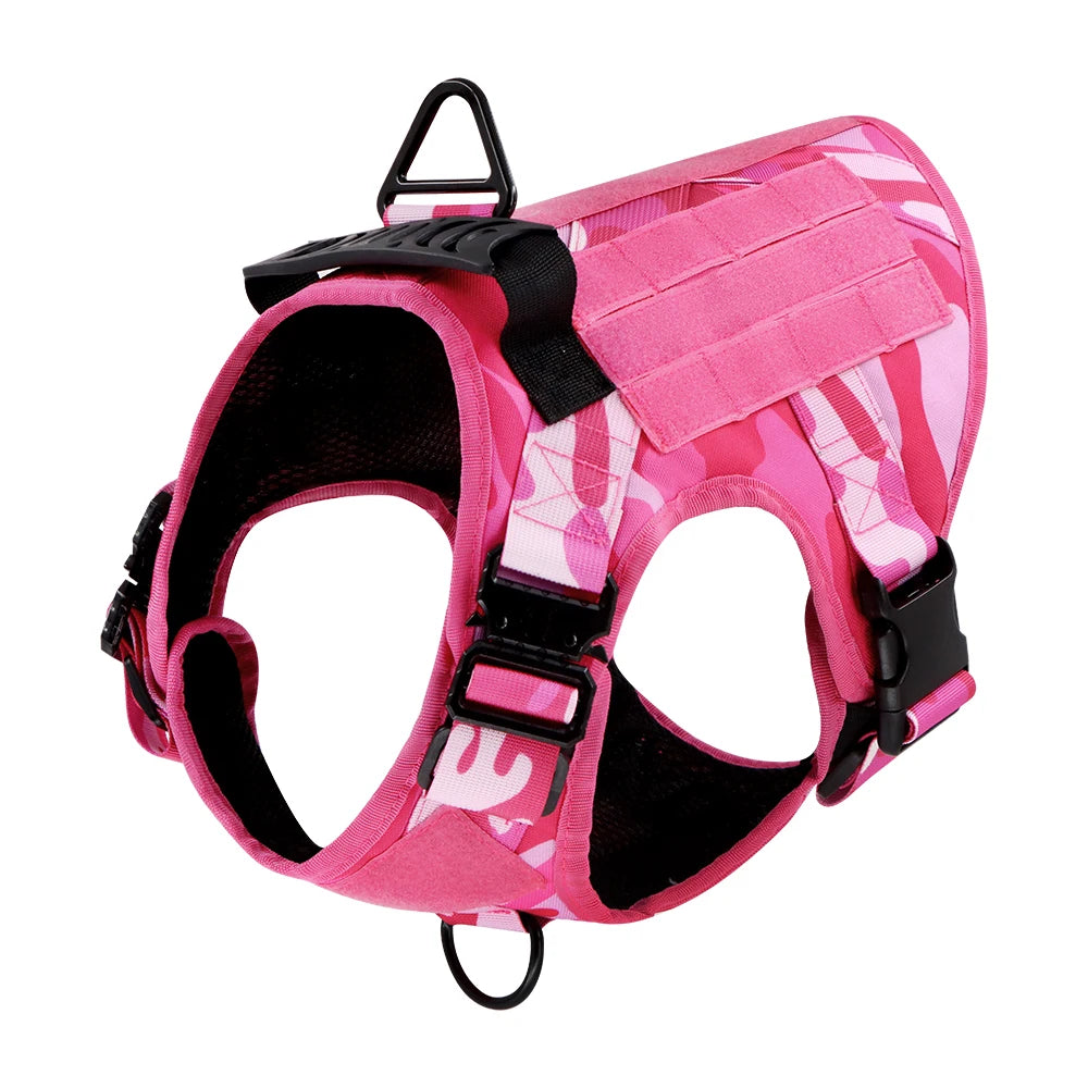 Tactical Pink Dog Harness Leash Set for Medium to Large Dog Adjustable Chest Strap Heavy-Duty Nylon for Outdoor Training Walking