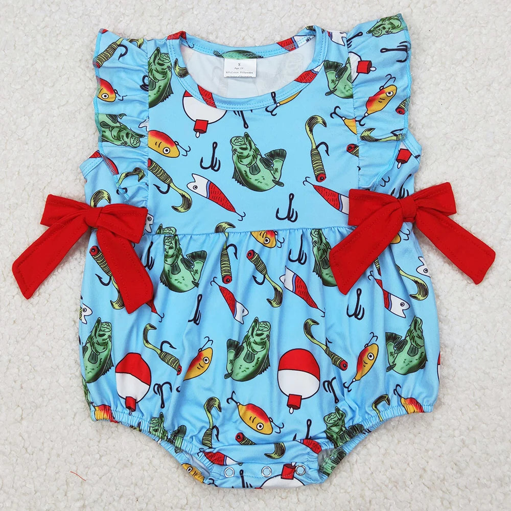 Hot Sale Baby Girls Rompers Blue Flutter Sleeves Bows Ruffle Rompers Boutique Toddler Girls Bubbles Summer Rompers Girls Onesie