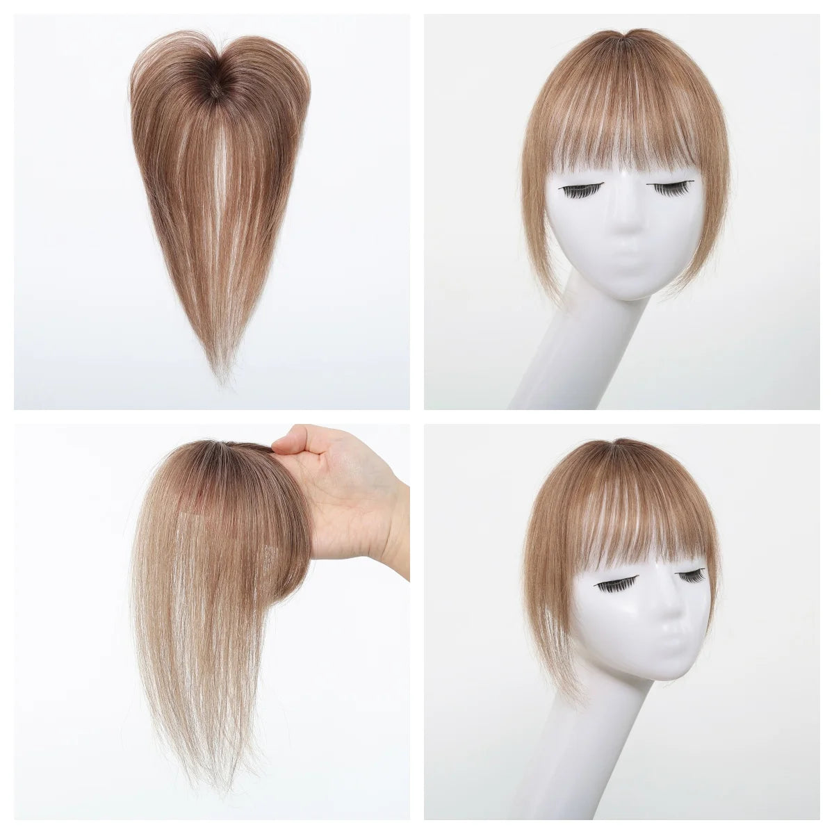100% Human Hair Blonde Ombre Blunt Cut Wispy Bangs with Sideburns 5x5cm Clip-in Fringe Hairpiece with Top Hair Patch for Daily