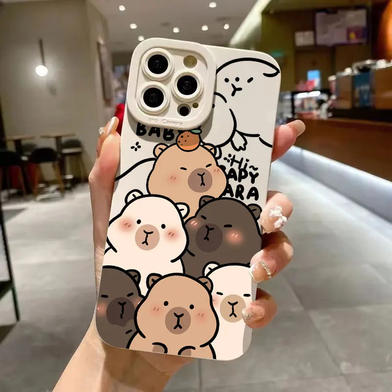 Case For iPhone 17 16 15 14 13 12 11 Pro Max Air XS X XR 16E Cute Capybara Pattern Matte Silicone Camera Lens Portector Cover
