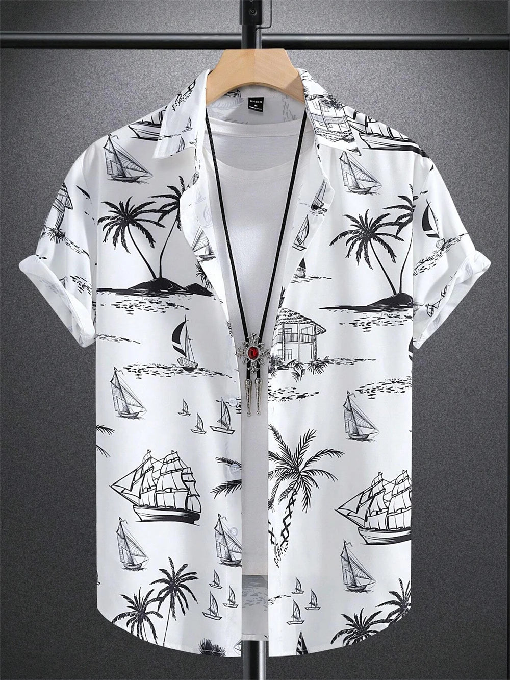 Men's Coconut Tree Graphic Print Short Sleeve Lapel Shirt Tops Men's Casual Button down Shirts Clothing Versatile Shirts