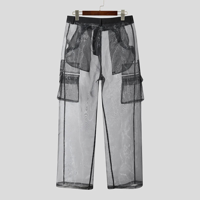 INCERUN Men Pants Mesh Gradient Button Joggers Straight Trousers Men Joggers Streetwear Pockets Oversize Fashion Long Pants 2026