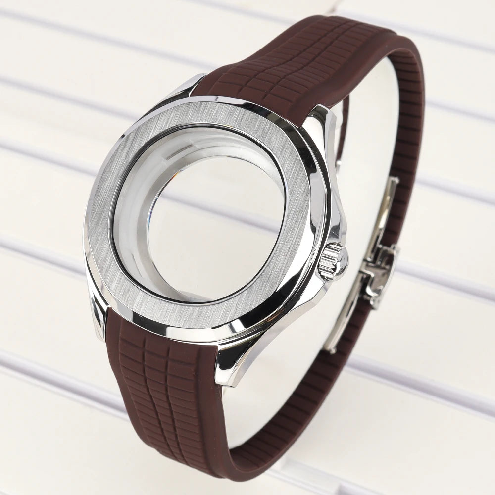 42mm Silver NH35 Watch Case Polished Brushed Black strap SapphireGlass For Nautilus AQUANAUT Cases Part NH35 NH36 NH38 32mm Dial