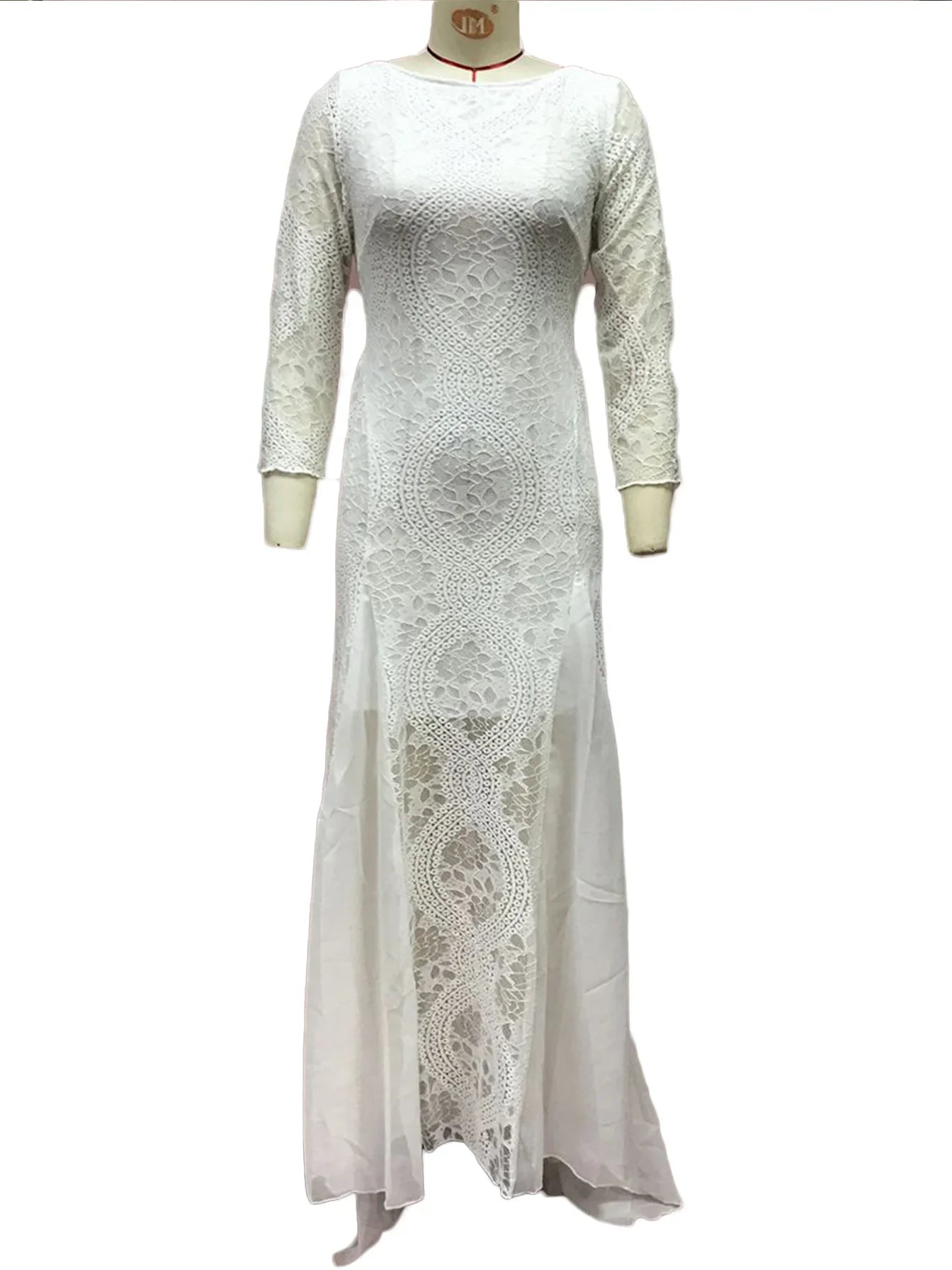 2025 Spring New Women's Celebrity Banquet Wedding Dress Crew Neck Long Sleeve Printed Halter Lace Dress
