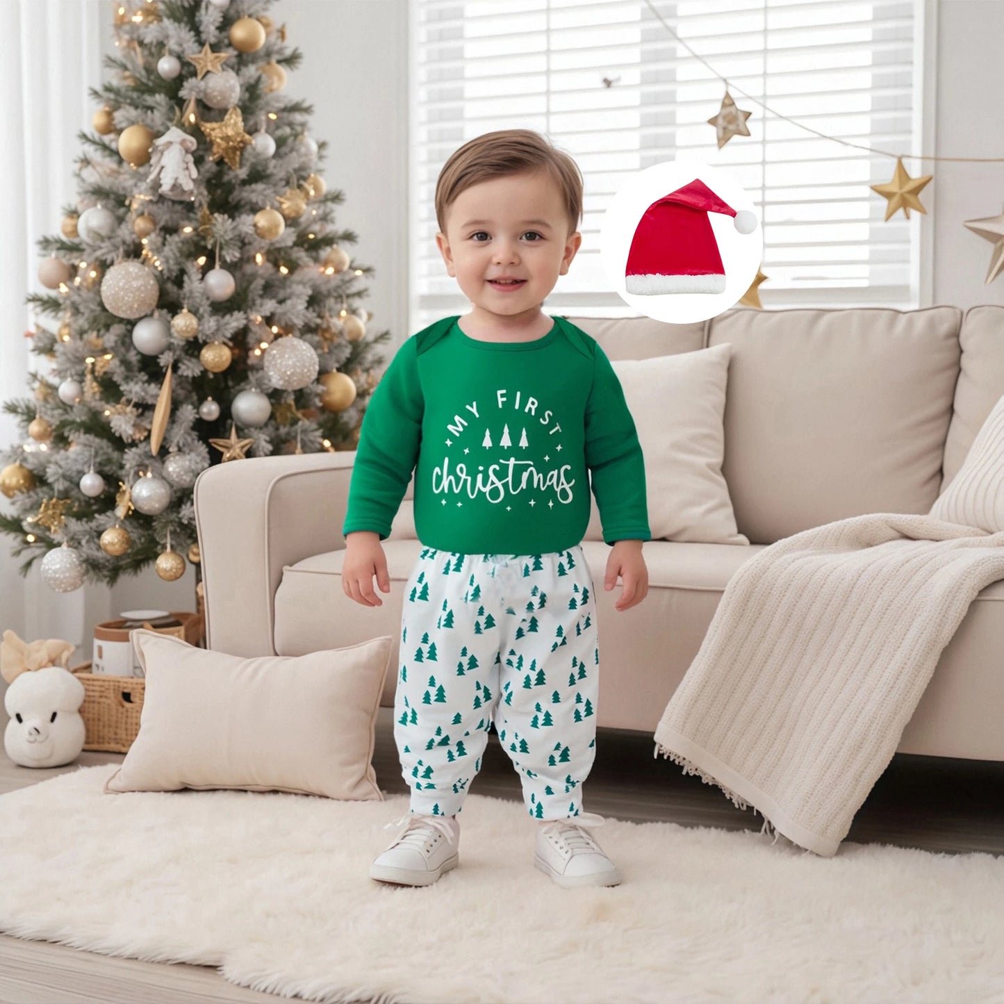 Baby Boy First Christmas Outfit Long Sleeve Truck Tree Print Romper Jogger Pants Hat Newborn Fall Winter Clothes Set