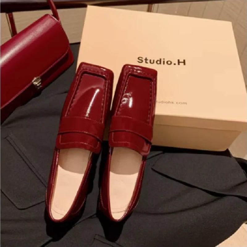 Womens Red Shoes Spring Autumn Basic Pumps Block Heel Dress Loafers French Slip On Square Toe Cow Leather Dress Footwear Size 43