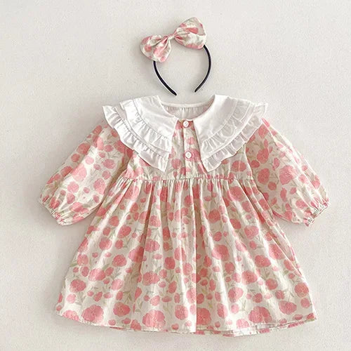 2025 New Spring Baby Sisters Dress 1-5Yrs Girl Party Dress Long Sleeved Cotton Rose Print Romper Sisters Kids Princess Dresses